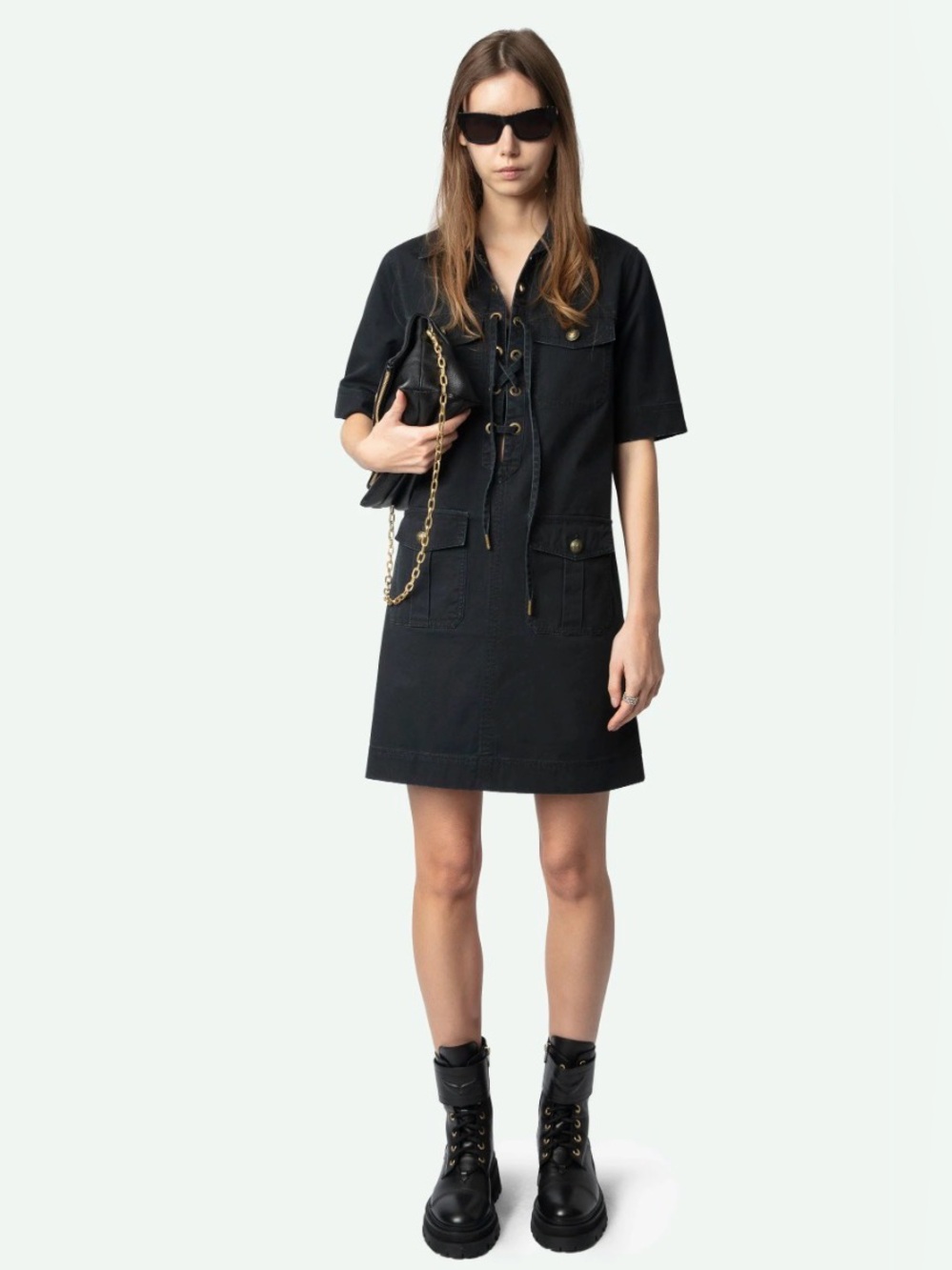 Zadig & Voltaire Lace up Utility Mini Sporty Shirt Dress in black cotton